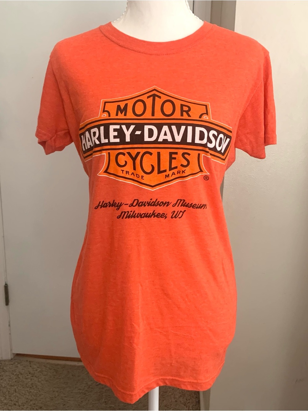 Harley-Davidson Museum Women's T Shirt Orange Black Milwaukee WI Biker Tee Sz S